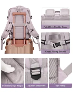 Detalles del diseño de mochila de viaje lavanda con correas de malla y asa de maleta