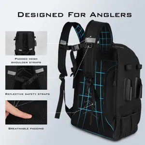Detail of breathable mesh padding and reflective straps on a professional fishing backpack.