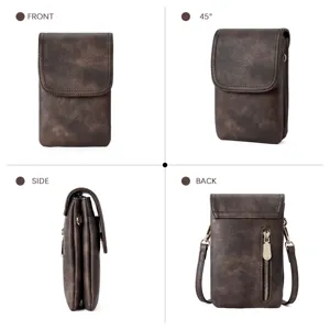 Multiple angles of women's vintage PU leather phone crossbody bag with zipper