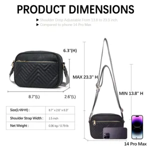 Detailed size guide for black quilted crossbody bag with adjustable strap for women