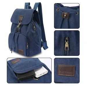 High-quality detailed view of a blue vintage canvas backpack with drawstring and zipper