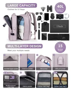 Vista detallada de mochila de viaje de gran capacidad con compartimentos múltiples