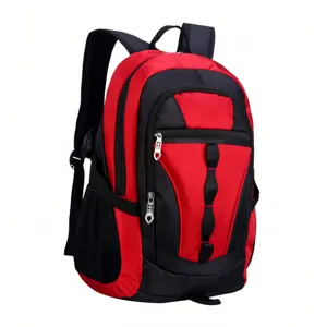 Durable red and black nylon backpack for students featuring multiple functional compartments