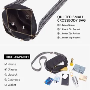 Detail view of black quilted crossbody bag showing interior pockets and high capacity.