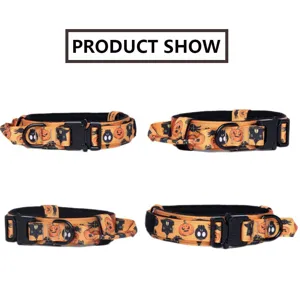 Detalle de collares tácticos para perros de Halloween con estampados de calabazas y fantasmas