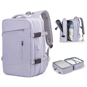 Mochila de viaje lavanda de gran capacidad con diseño extensible y apertura de 180 grados