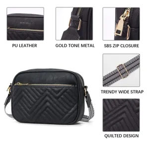 Detail view of black quilted crossbody bag with patterned wide strap and gold hardware.