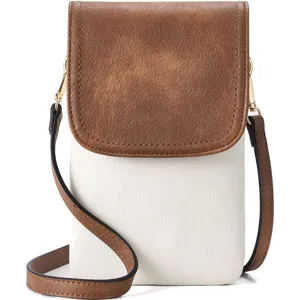 Front view of small PU leather crossbody phone bag with brown flap and white body.