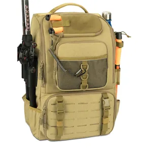 Detail view of khaki tactical fishing backpack showing rod storage and Molle system