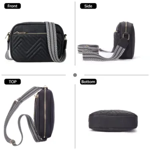 Detailed four-angle view of black quilted crossbody bag with patterned wide strap detail