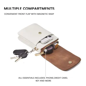 Detail of PU leather phone bag with multiple compartments and magnetic snap.