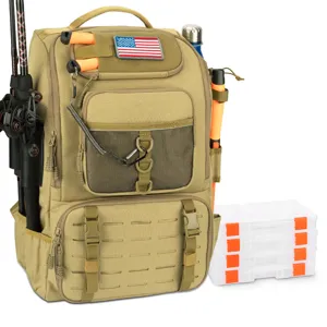 Detailed view of khaki tactical fishing backpack showing MOLLE straps and gear storage