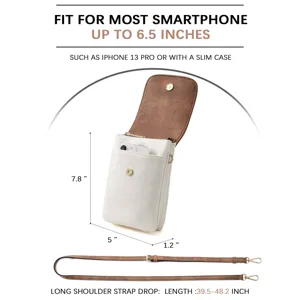 Detailed dimensions and phone compatibility for the women's PU leather crossbody phone bag