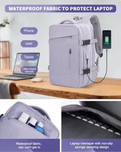 Detalle de la tela impermeable y compartimento acolchado para portátil en mochila lila