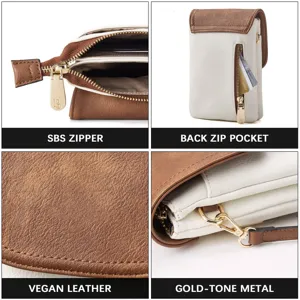Detail views of vegan leather phone bag showing SBS zipper, back pocket and gold hardware