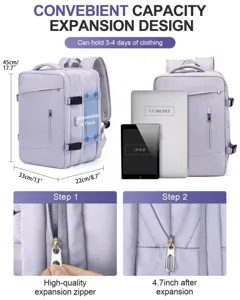 Mochila de viaje púrpura expandible con dimensiones y comparación con portátil de 17"