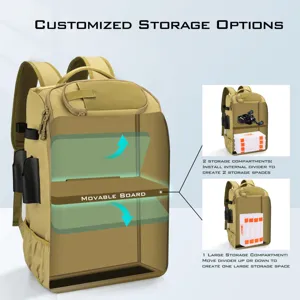Detail showing adjustable internal divider options in a tactical khaki lure fishing backpack