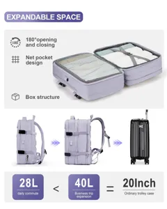 Detalle de la mochila expandible lavanda con transición de capacidad de 28L a 40L