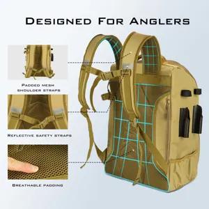 Detailed view of breathable mesh padding and reflective straps on a fishing backpack