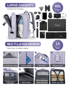 Mochila de viaje 40L de gran capacidad para portátil de 17 pulgadas en color lila claro