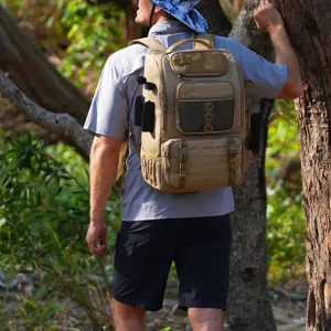 Professional outdoor fishing backpack being worn by a hiker in a forest environment
