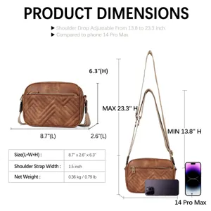 Dimension overview of vintage brown crossbody bag for women with detailed measurements