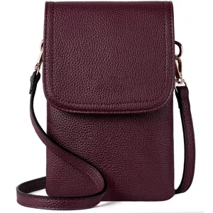 Close-up of burgundy pebbled PU leather phone bag featuring elegant rose gold hardware