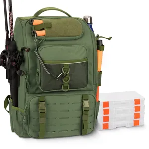Detail of multi-functional green fishing backpack with tackle boxes and rod holder