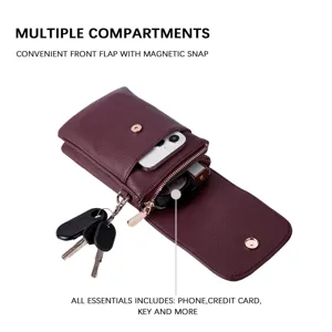 Detailed view of women's burgundy PU leather phone bag featuring multiple compartments and snap flap