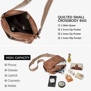 Detail view of quilted brown crossbody bag showing interior pockets and high capacity.