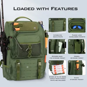 Green outdoor fishing backpack featuring tackle tray storage and gear straps detail
