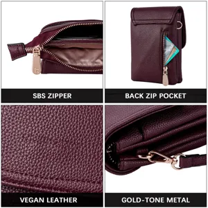 Detail views of SBS zipper, gold-tone hardware, back pocket and vegan leather on burgundy bag
