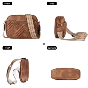 Detailed four-angle view of vintage brown quilted crossbody bag with patterned strap