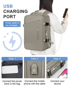 Mochila de viaje gris de gran capacidad con pasos para puerto de carga USB externo