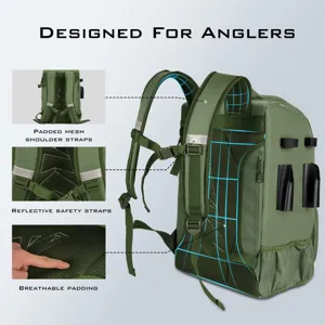 Detailed view of breathable mesh padding and reflective straps on fishing backpack.