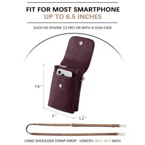 Detail view of the maroon PU leather crossbody phone bag showing precise dimensions and strap