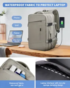 Vista detallada mochila viaje gris con tela impermeable y compartimento portátil