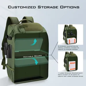 Detail of fishing backpack showing the adjustable internal divider and storage options