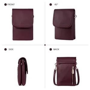 Multi-angle view of burgundy PU leather crossbody phone bag with zipper pocket