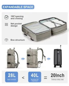 Detalle de mochila de viaje gris expandible con comparación de capacidad 28L a 40L