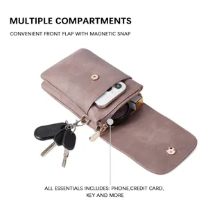 Detail view of women's PU leather phone bag showing compartments with phone and keys