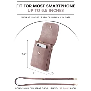 Size guide showing dusty rose PU leather crossbody bag fitting a 6.5 inch phone