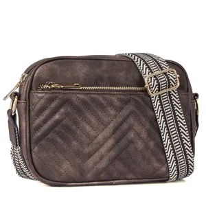 Vintage bronze chevron quilted crossbody bag with stylish geometric patterned wide strap