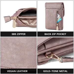Close-up of premium vegan leather and gold-tone SBS zipper hardware on phone bag