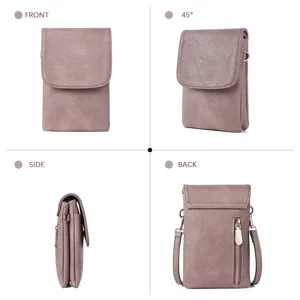 Four-view detail of a purple PU leather crossbody phone bag with embossed logo.