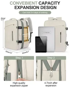 Diagrama que muestra la expansión y dimensiones de la mochila de viaje color crema