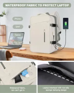 Gran mochila de viaje blanca con tela impermeable y puerto de carga USB externo.