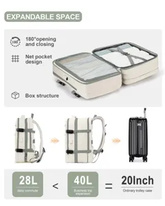 Detalle de la capacidad ampliable de 28L a 40L de esta mochila de viaje multifuncional