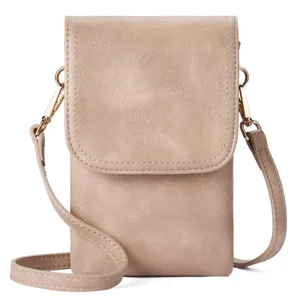 Front view of minimalist khaki PU leather crossbody phone bag with gold hardware