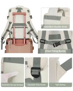Detalles de la mochila con correas acolchadas, hebilla de pecho y panel trasero transpirable.